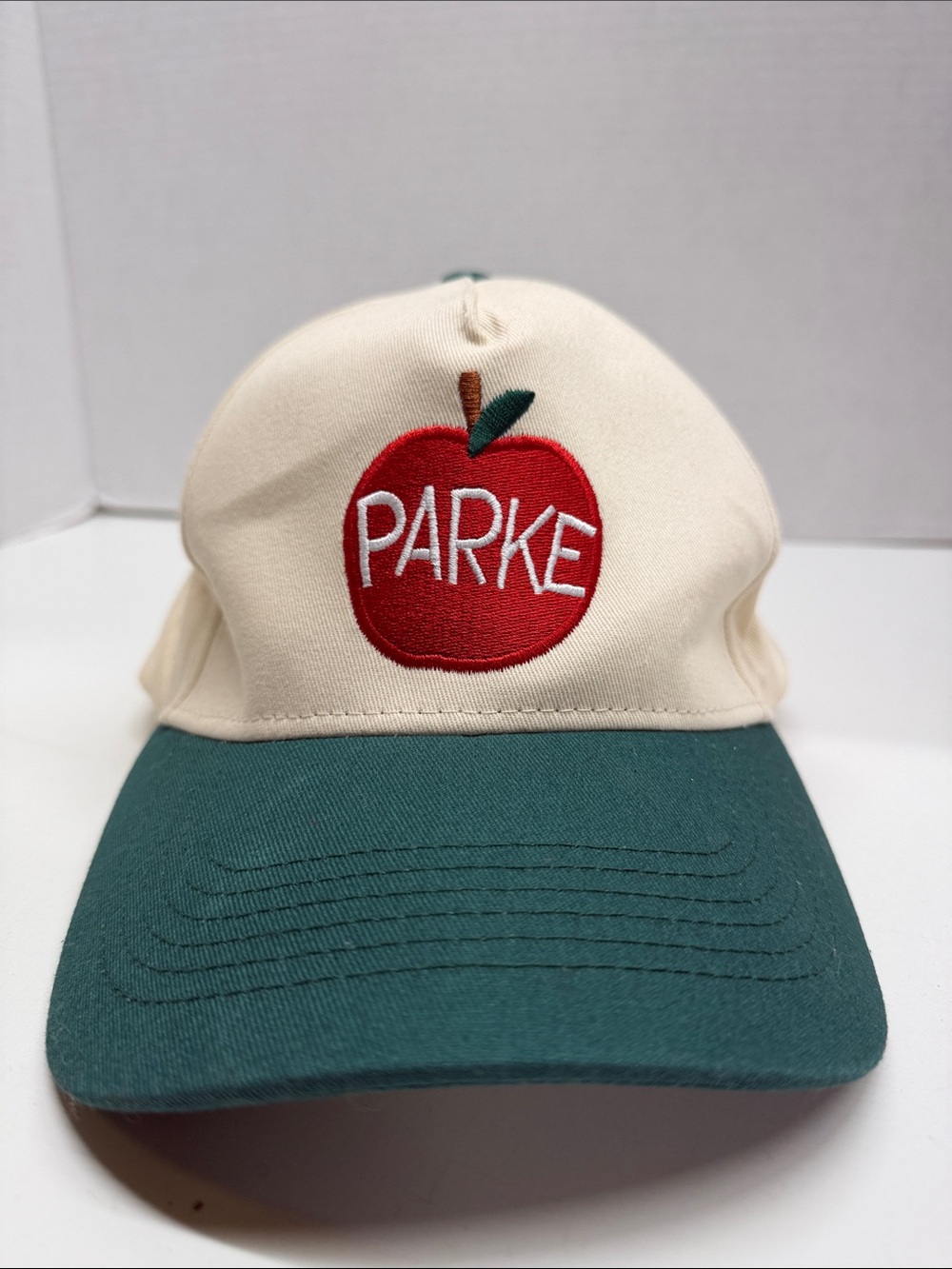 Parke Snap Back Cap Hat Marion Cream Green Brim Red Apple Embroidered Fall